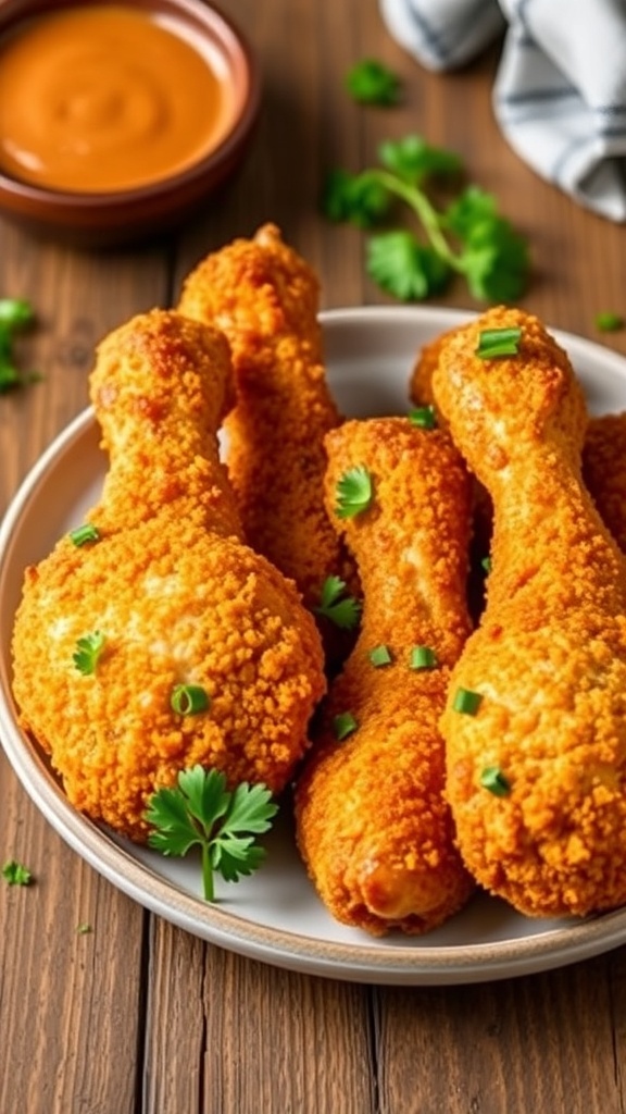 Crispy breaded drumsticks on a plate, garnished with parsley, with a bowl of dipping sauce on a wooden table.